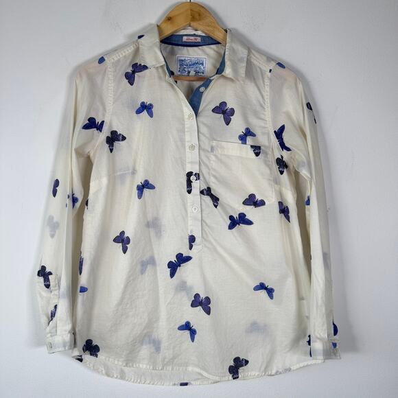 Joules Superduper Shirt Womens 6 Cream Butterfly Print Button Casual‎ Novelty - Picture 1 of 11